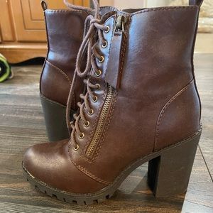 Lower shin lace up heeled booties